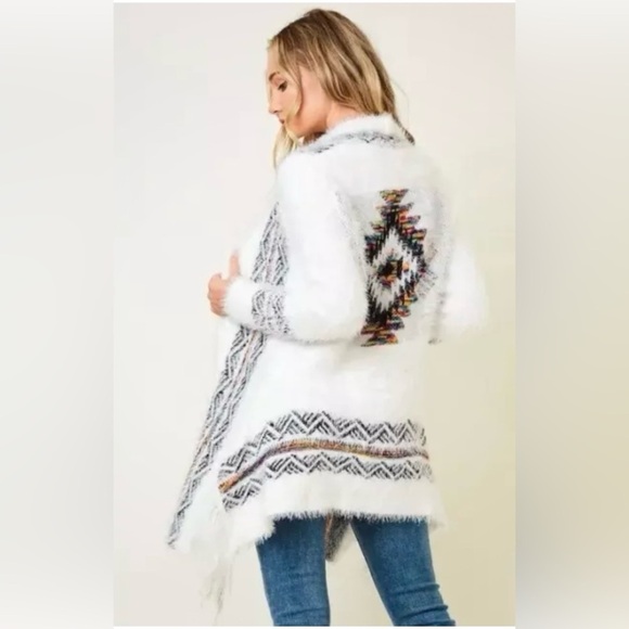 Northern Angel Rainbow Tribal Fuzzy Cardigan Sweater Aztec Women’s Size Medium - Picture 2 of 11